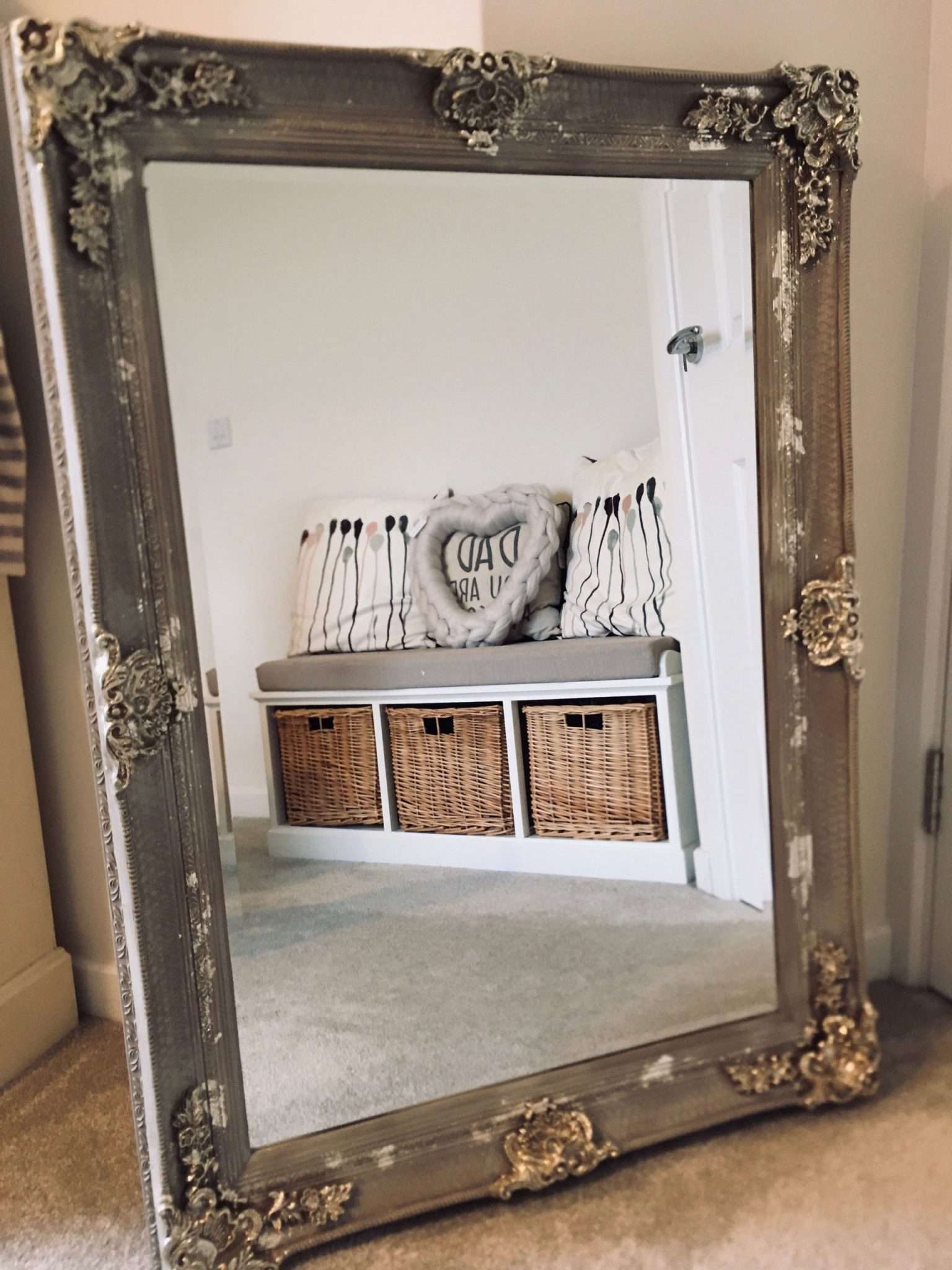 Large Mirror French Baroque Antique Ornate Painted Taupe and Silver Leaf - Image 5