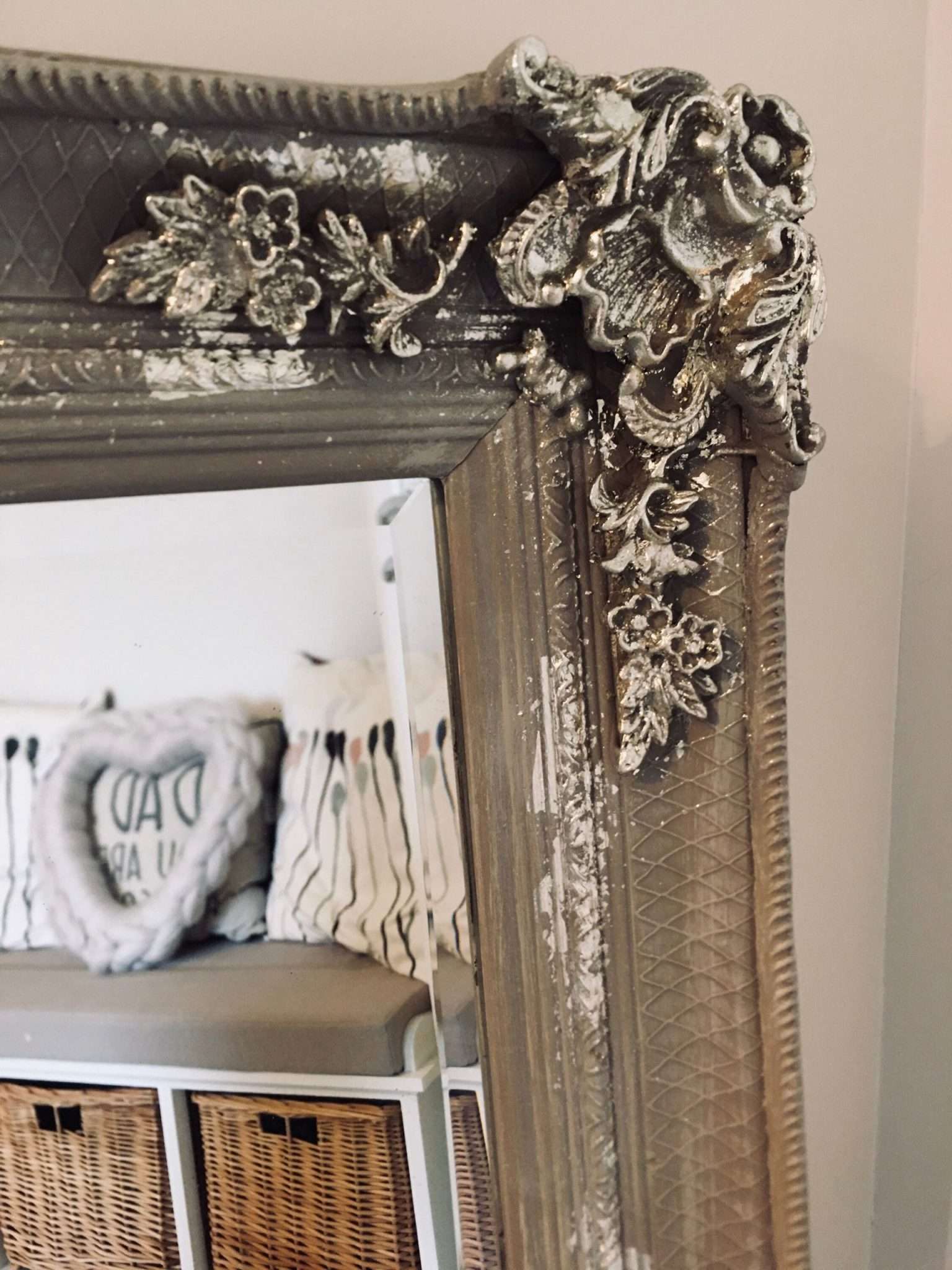 Large Mirror French Baroque Antique Ornate Painted Taupe and Silver Leaf - Image 6