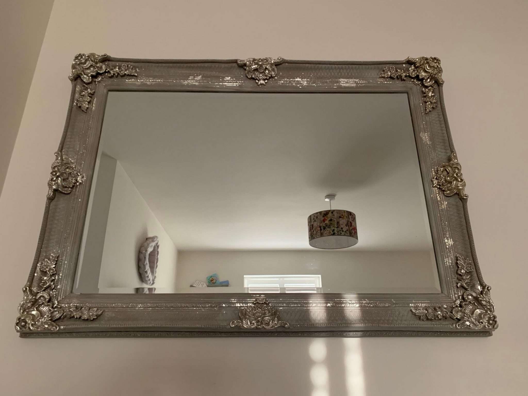Large Mirror French Baroque Antique Ornate Painted Taupe and Silver Leaf - Image 4