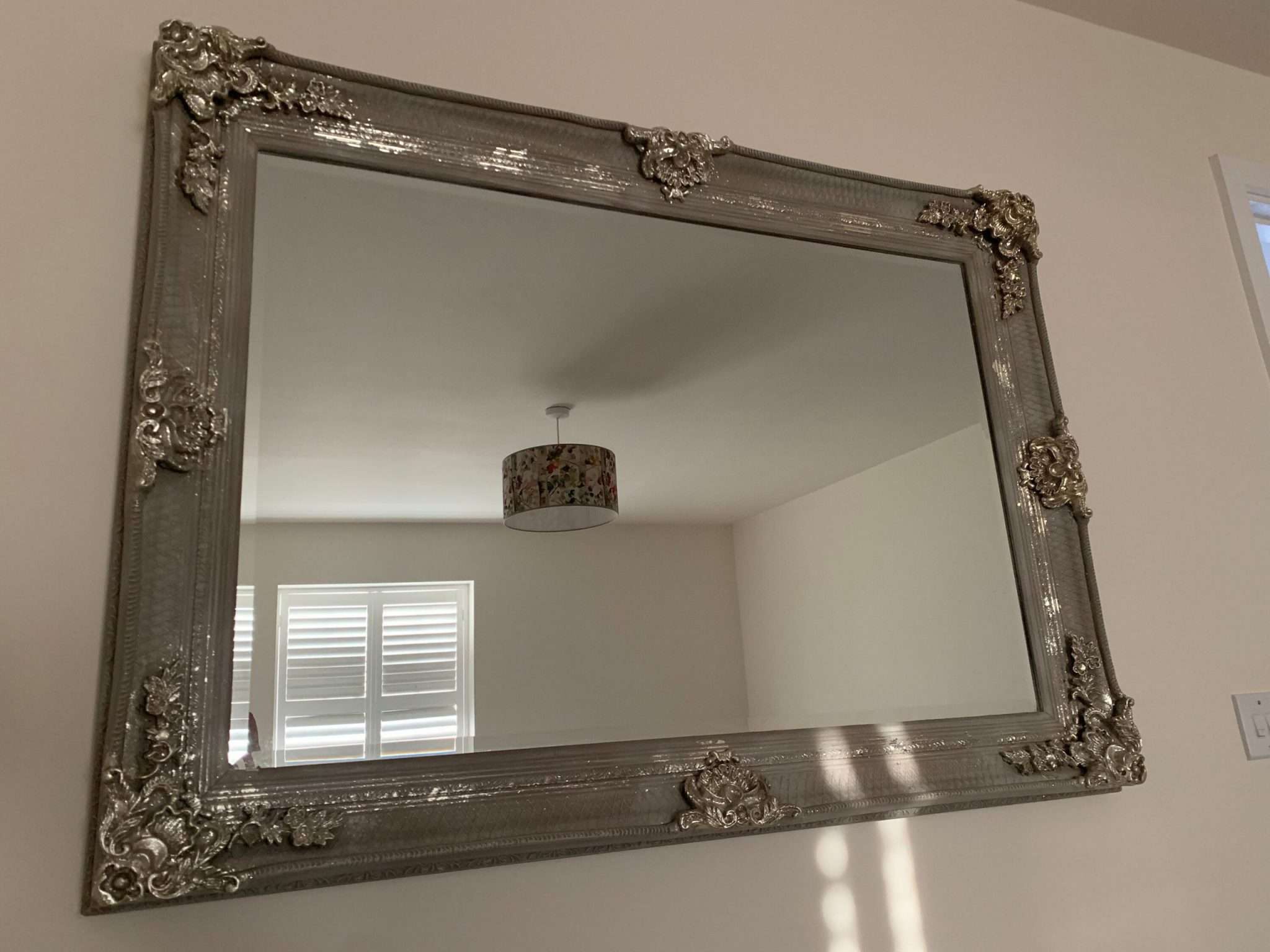 Large Mirror French Baroque Antique Ornate Painted Taupe and Silver Leaf - Image 2
