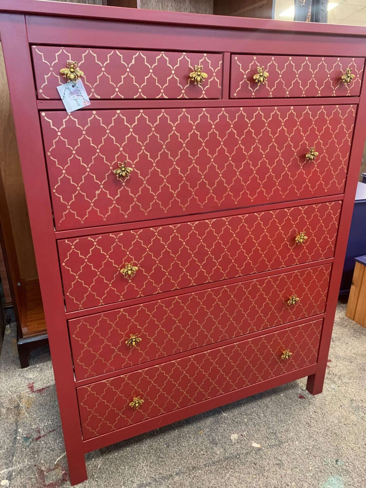 Beautiful Painted Large Chest of Drawers Fusion Mineral Paint Cranberry Red and Gold Arabian Moroccan Design - custom painted - Image 2
