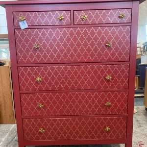 Beautiful Painted Large Chest of Drawers Fusion Mineral Paint Cranberry Red and Gold Arabian Moroccan Design - custom painted