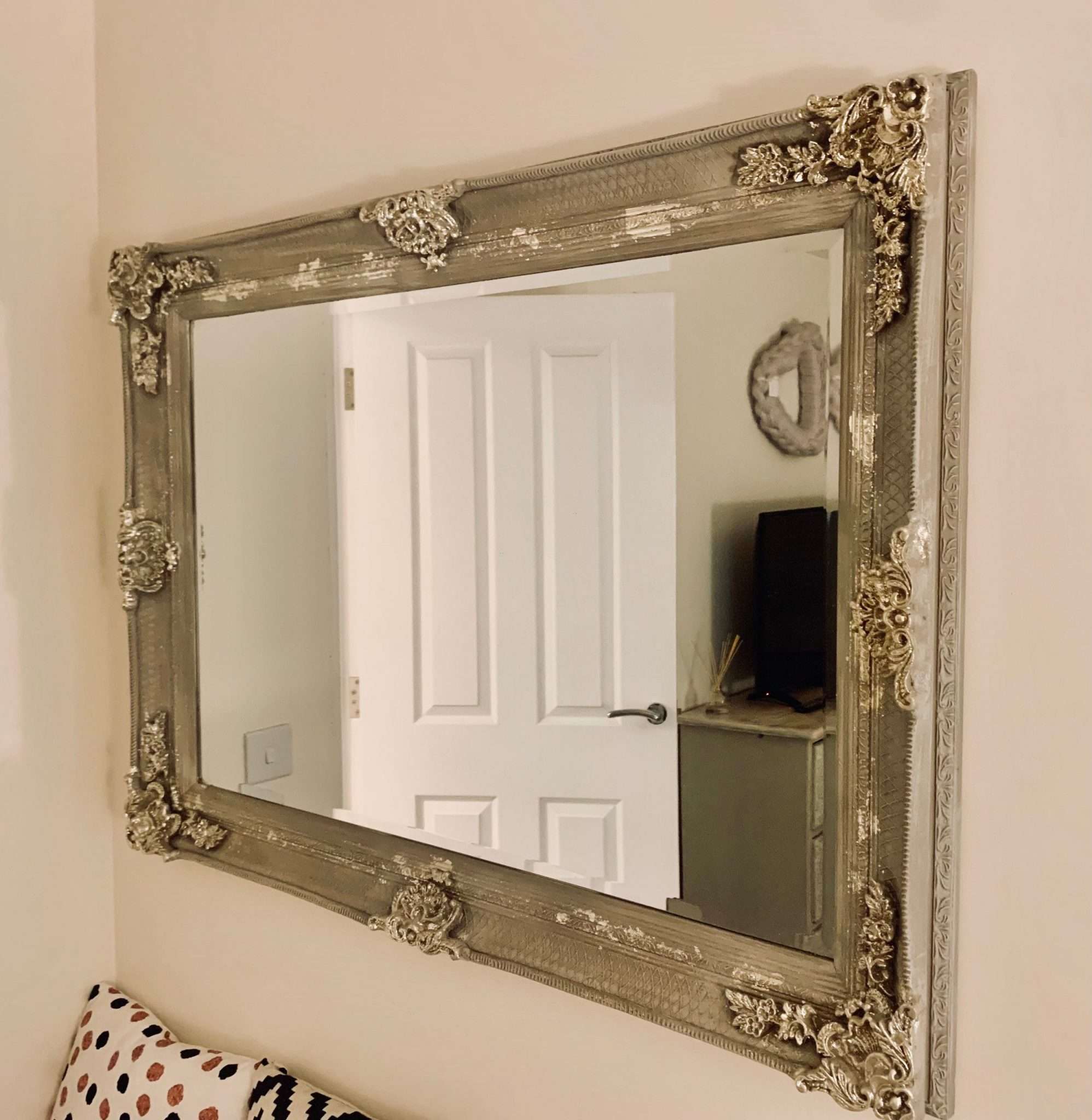 Large Mirror French Baroque Antique Ornate Painted Taupe and Silver Leaf