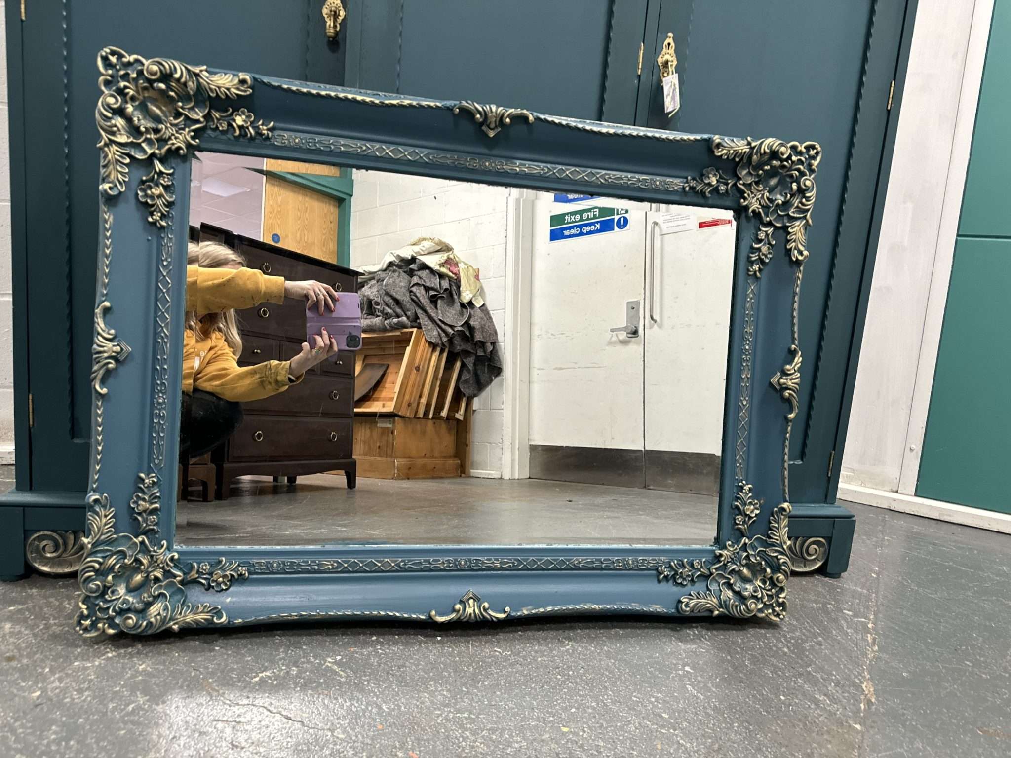 Large Mirror French Baroque Antique Ornate Custom Painted Teal and Gold Leaf - Image 2