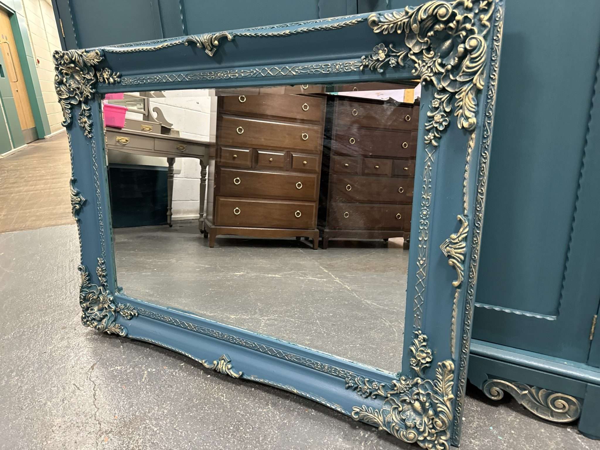 Large Mirror French Baroque Antique Ornate Custom Painted Teal and Gold Leaf - Image 3