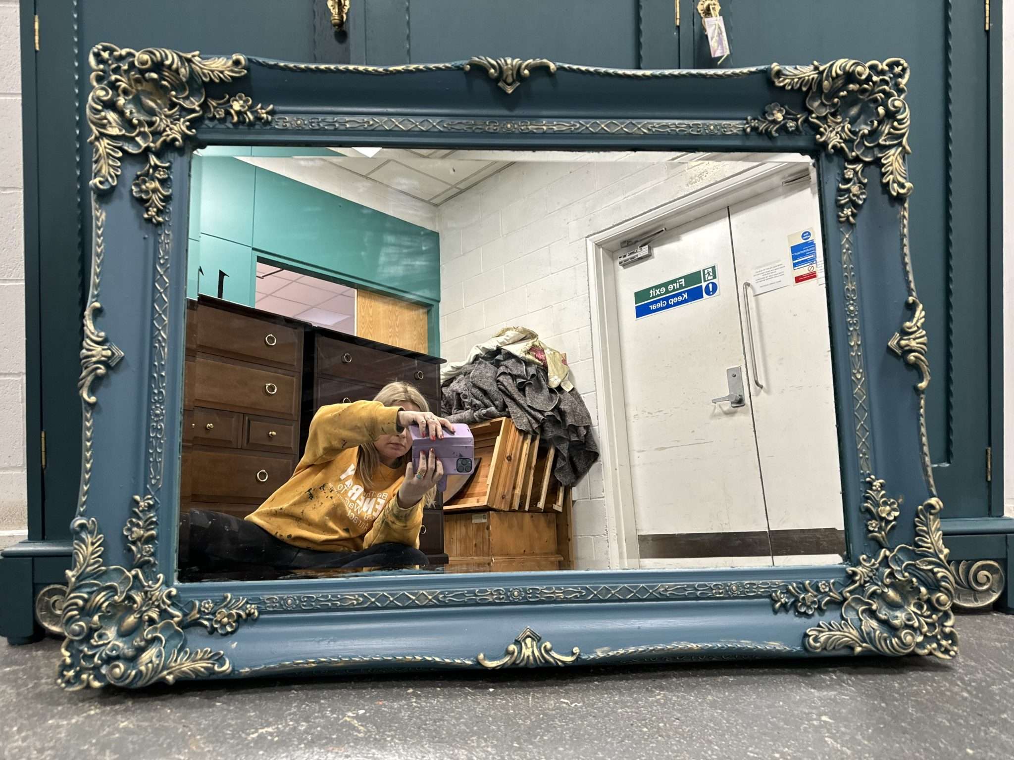 Large Mirror French Baroque Antique Ornate Custom Painted Teal and Gold Leaf