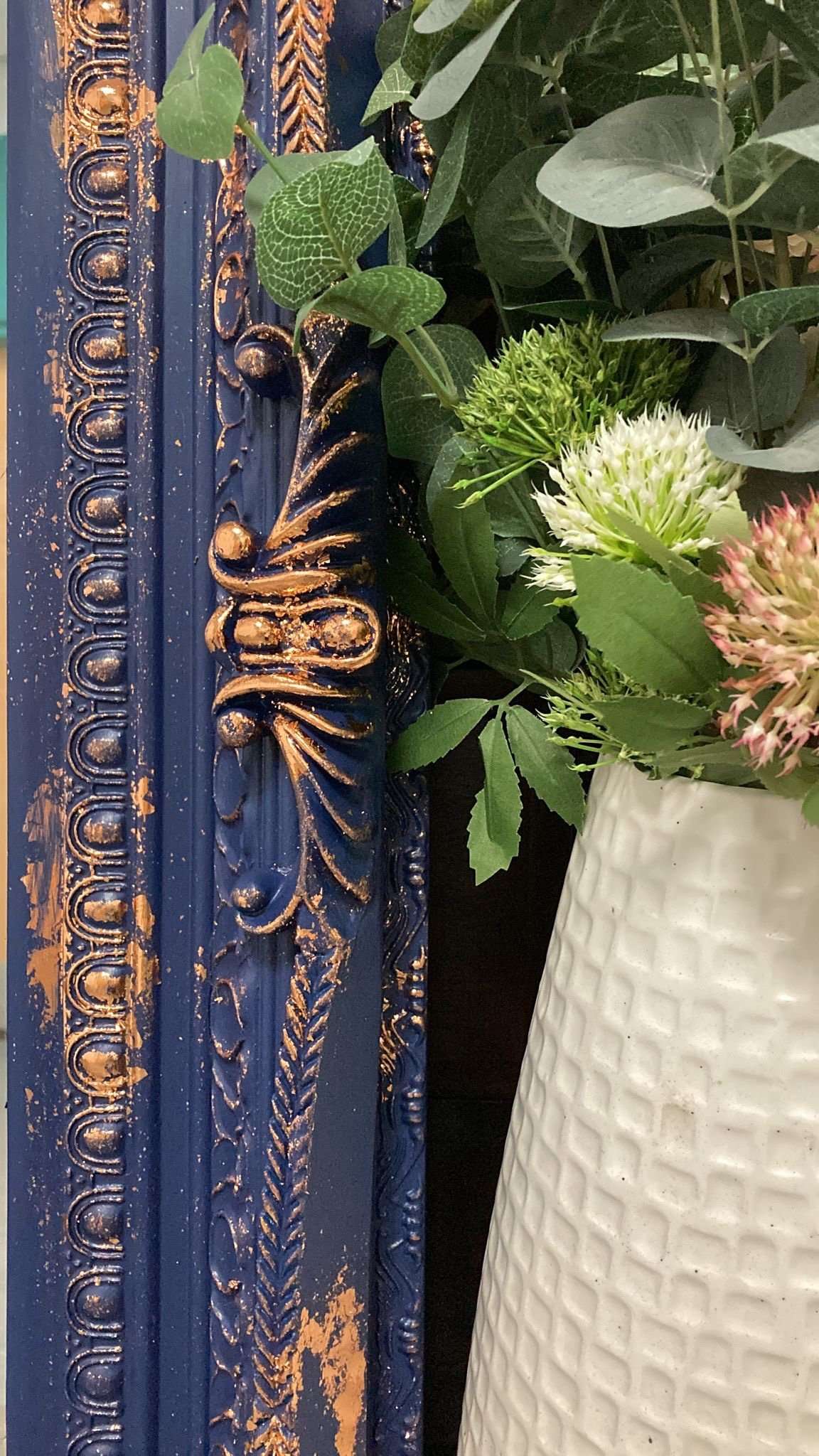 Large Mirror French Baroque Antique Ornate Painted Blue and Copper Leaf - Image 4