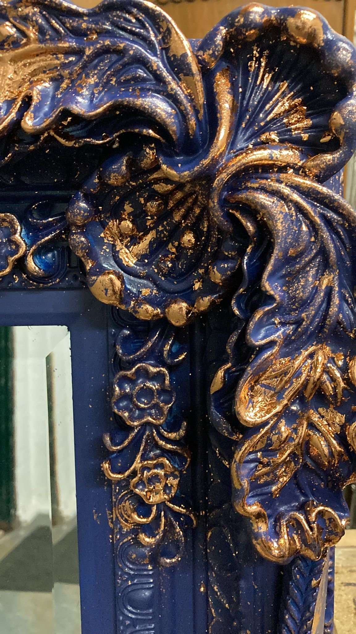 Large Mirror French Baroque Antique Ornate Painted Blue and Copper Leaf - Image 3