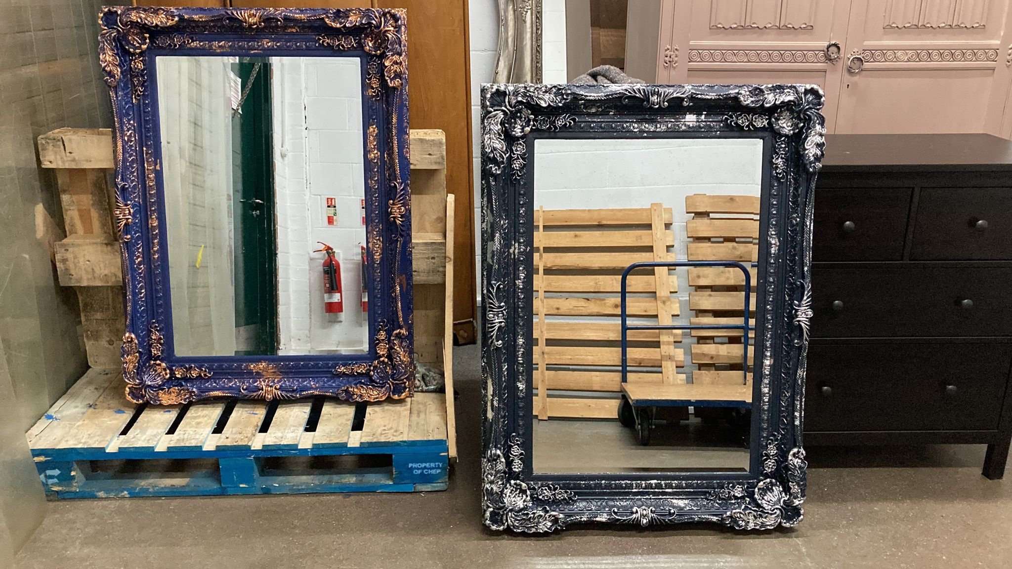 Large Mirror French Baroque Antique Ornate Painted Blue and Copper Leaf - Image 6